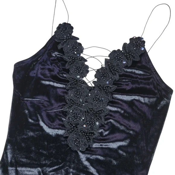 Topshop Lace Up Velvet Bodysuit Womens 4 Black Fairy Goth Floral Applique Dark - Picture 4 of 11